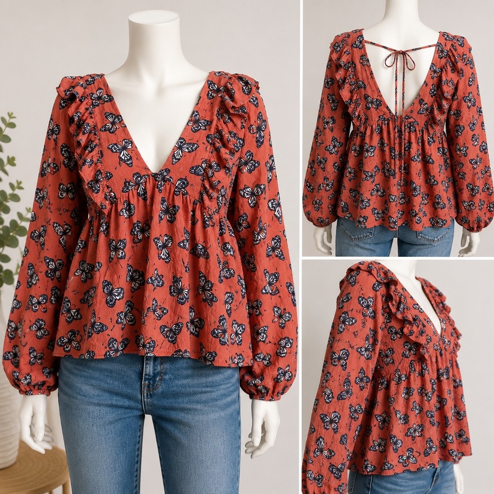 Simply Southern Butterfly Print Ruffle V-Neck Babydoll Top Orange XL Boho Tie